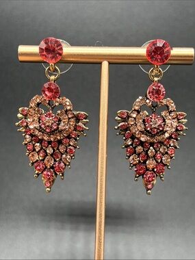 Pink Crystal Statement Earrings Victorian Gothic Antique Gold Dangle Earrings